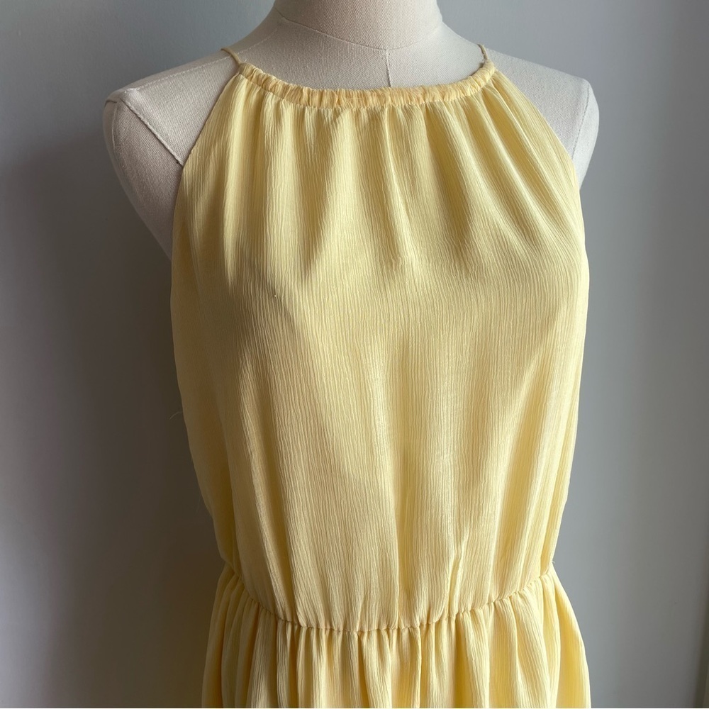 Lemon Yellow Chiffon Dress Sz M High Neck Knee Length Sleeveless Summer Casual - Picture 2 of 11